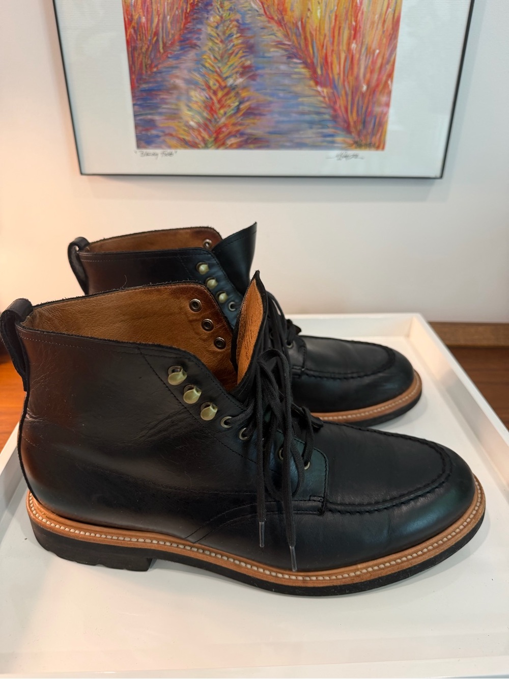 J. Crew Black Leather Moc Toe Lace-Up Boots with Tan Interior Trim